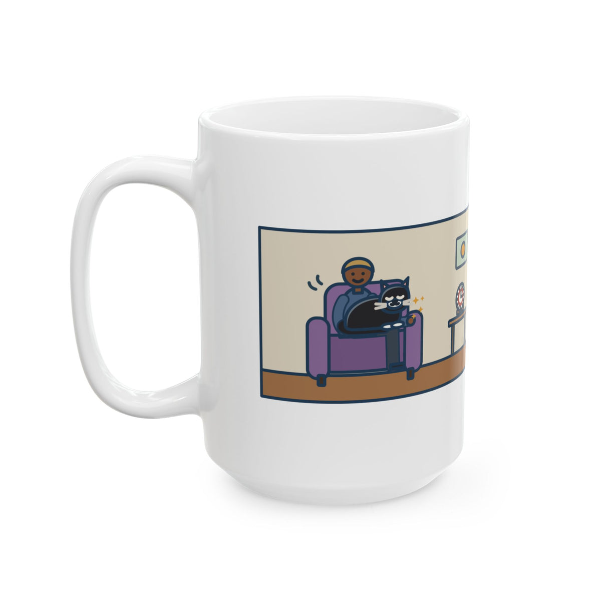 His Arm Fell Asleep at Minute Ten, The Cat Stayed Till Minute Sixty 15oz Mug, Large Funny Cat Lap Coffee Mug