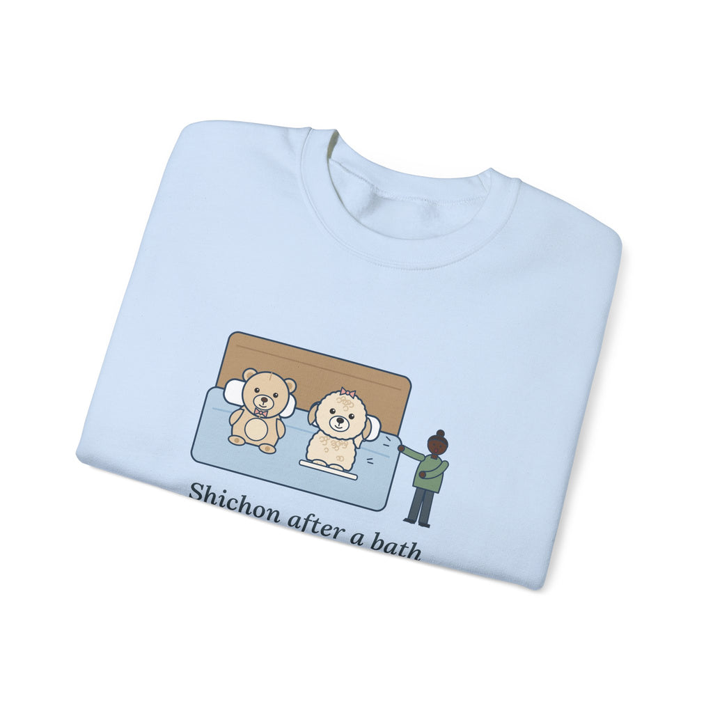Shichon Sweatshirt, After a Bath Looks Exactly Like the Stuffed Bear She Sleeps Next To, Funny Bath Day Twin Crewneck