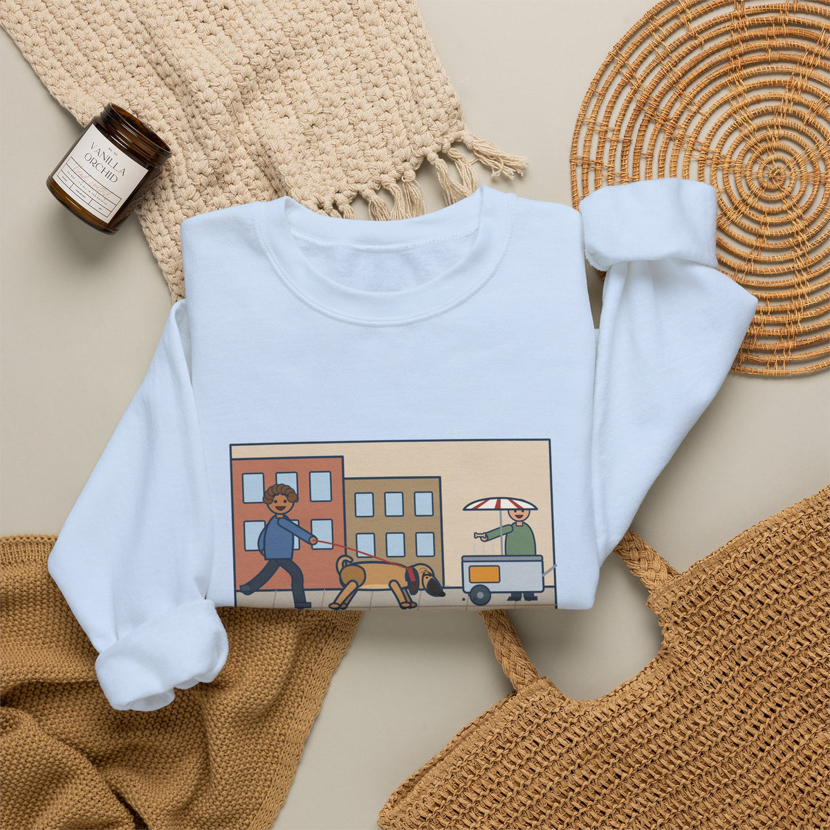 Puggle Sweatshirt, Caught a Scent on the Walk, We Followed It Four Blocks to a Hot Dog Cart, Funny City Walk Crewneck