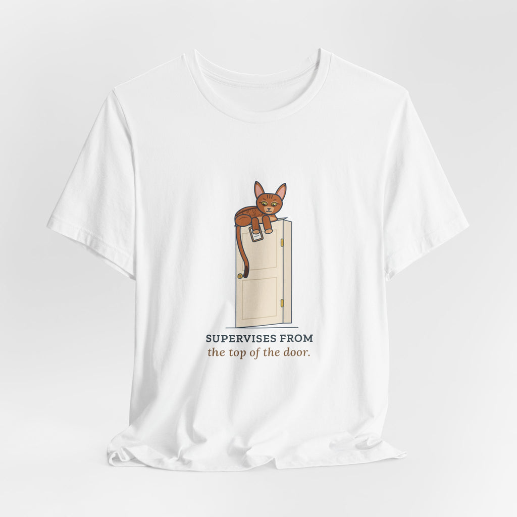 Abyssinian Cat T-Shirt - Supervises From the Top of the Door Funny Aby Cat Tee