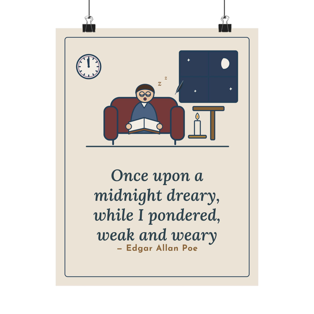 Poe Quote Poster, Once Upon a Midnight Dreary, Gothic Midnight Study Wall Art