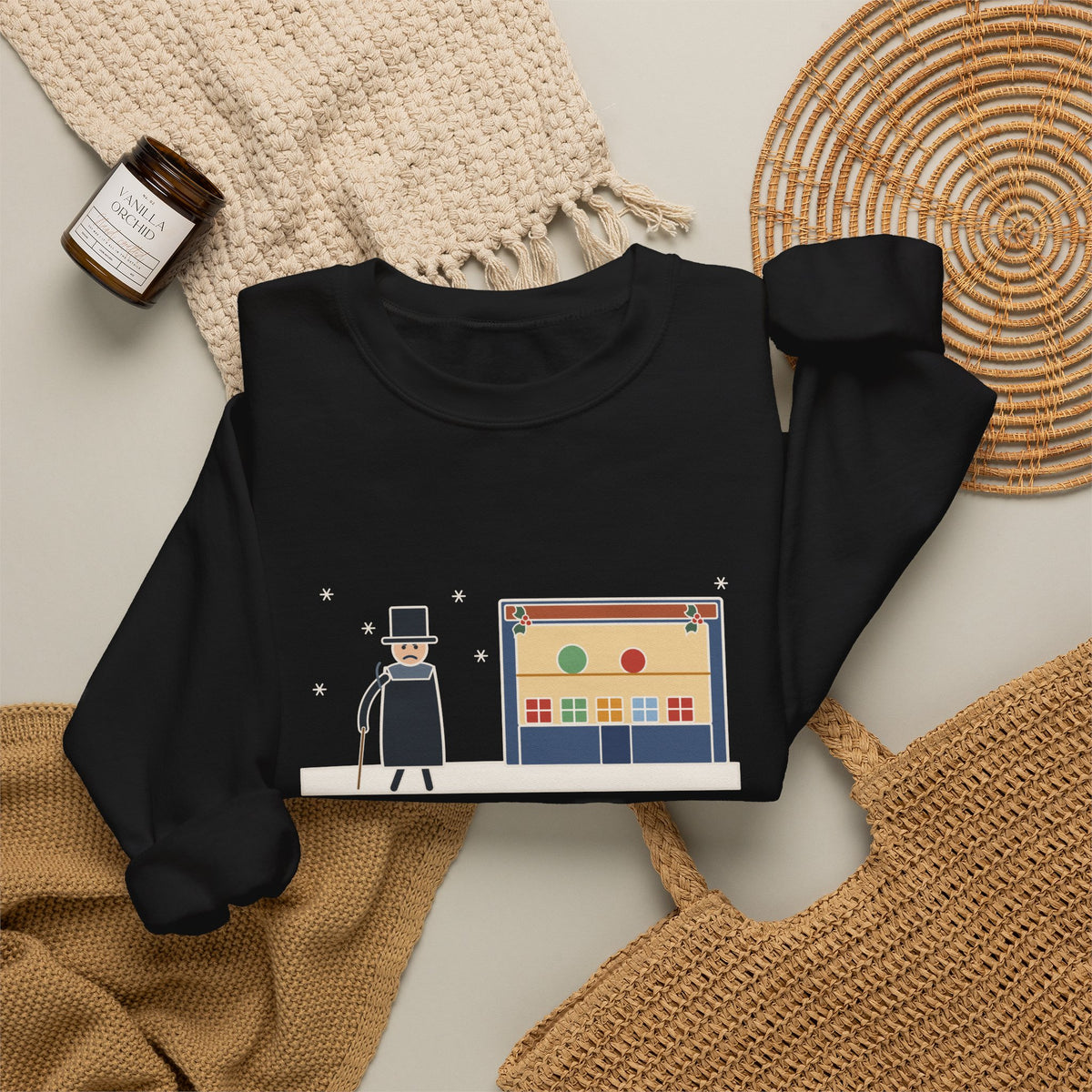 Bah Humbug Sweatshirt, Christmas Dickens Quote Crewneck with Snowy Shop Window