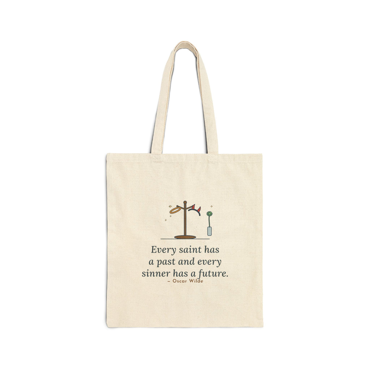 Every Saint Has a Past, Every Sinner Has a Future Tote Bag, Wit Oscar Wilde Quote Tote with Halo and Horns