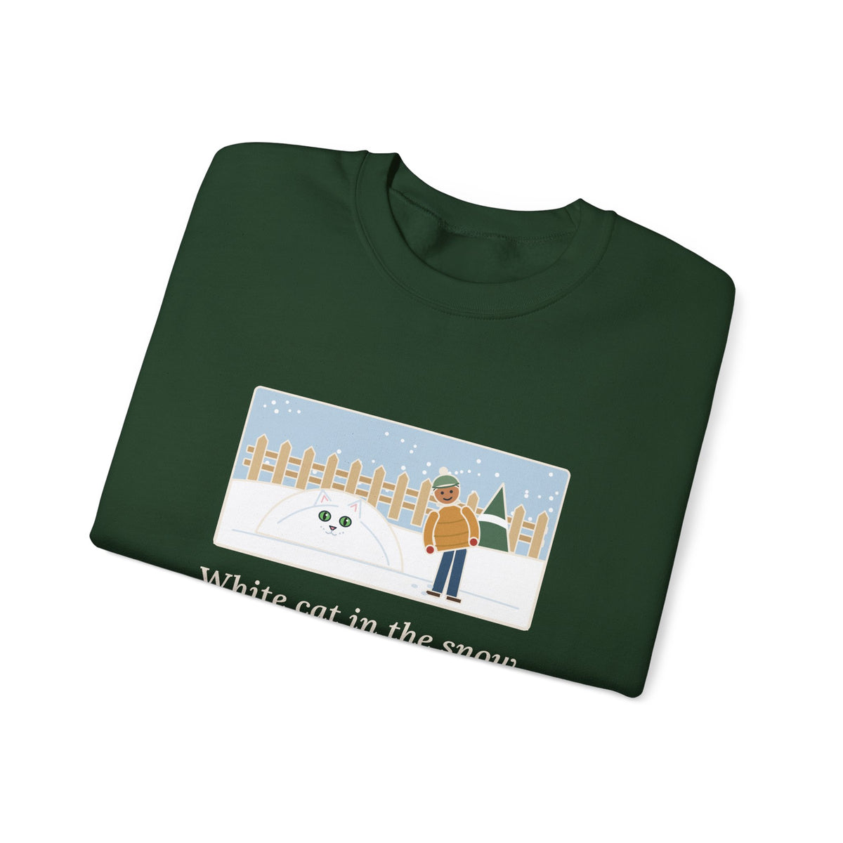 White Cat Sweatshirt, In the Snow, Found Her by the Pink Nose and the Green Eyes, Funny Snowy Backyard Crewneck