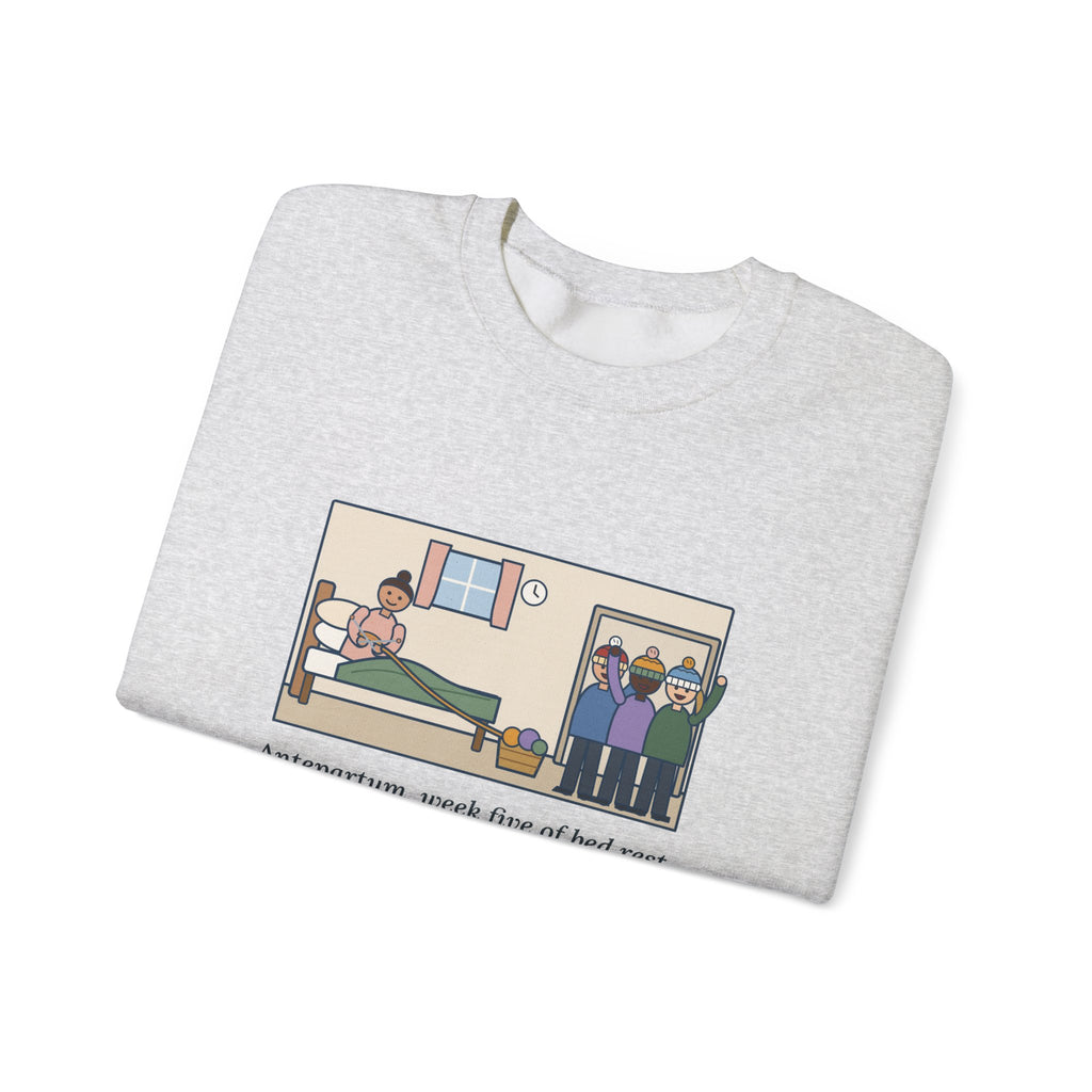 Antepartum Nurse Sweatshirt, Week Five of Bed Rest, She Knitted a Hat for Every Nurse on Day Shift, Funny Knitted Hats Crewneck