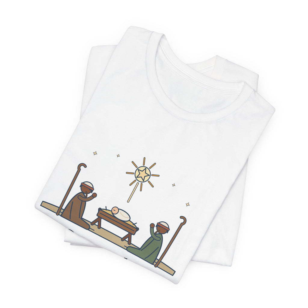 Oakeley Quote T-Shirt, O Come, Let Us Adore him, Christmas Woodcut Manger Tee
