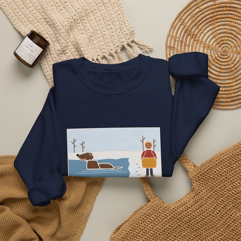 Chesapeake Bay Retriever Sweatshirt, Saw the Lake in January and Went In Anyway, Twice, Funny Winter Lake Crewneck