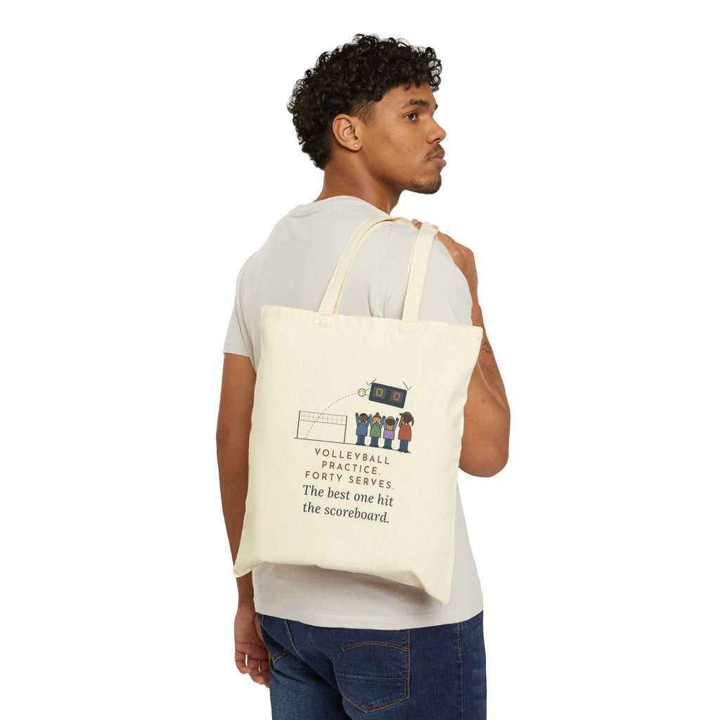 Volleyball Coach Tote Bag, Forty Serves at Practice, The Best One Hit the Scoreboard, Gym Practice