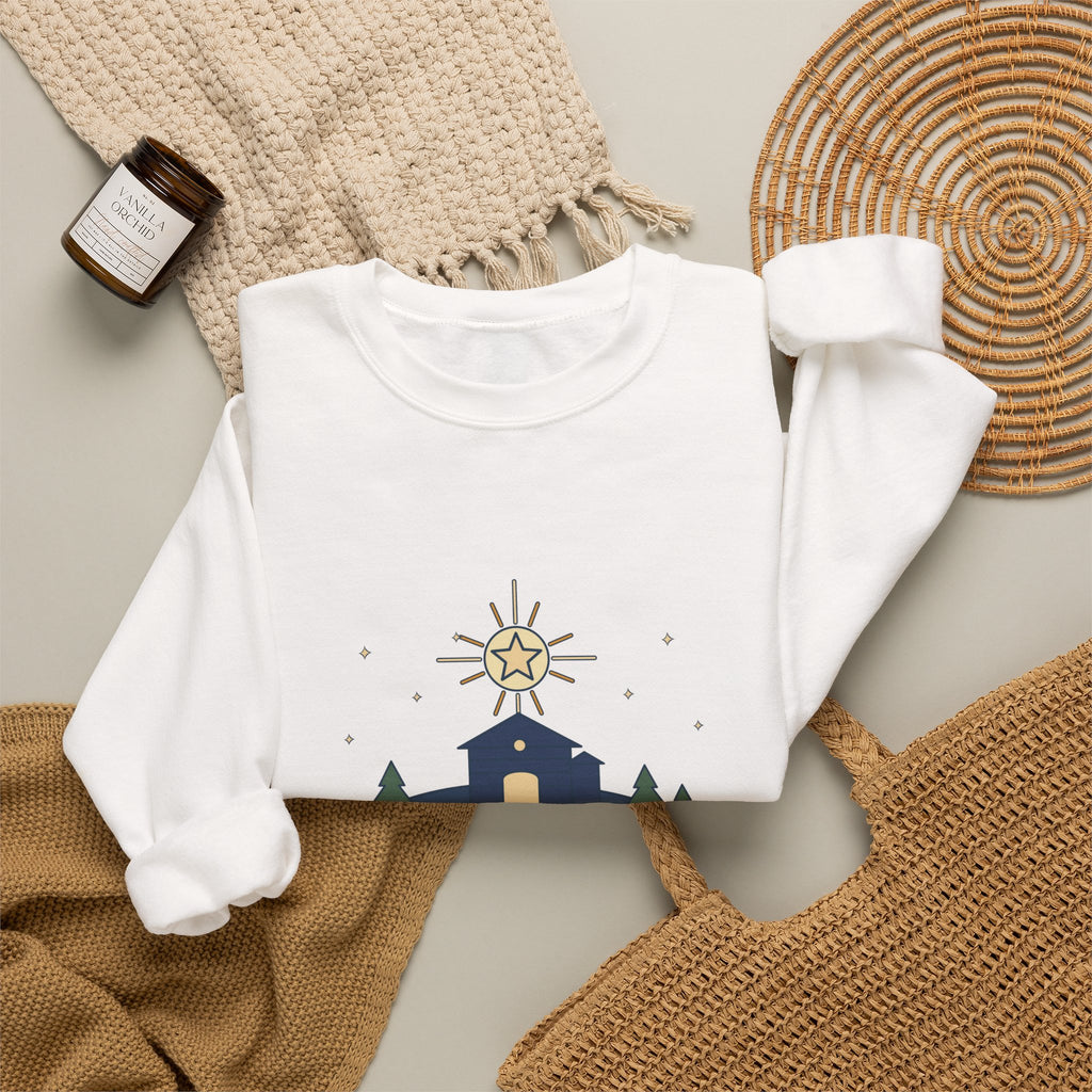 The Stars Are Brightly Shining Sweatshirt, Christmas Cappeau Quote Crewneck with Star over Stable