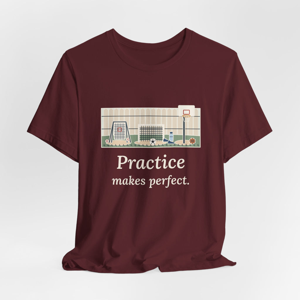 Practice Makes Perfect T-Shirt, Youth Sports Proverb Tee with Backyard Practice