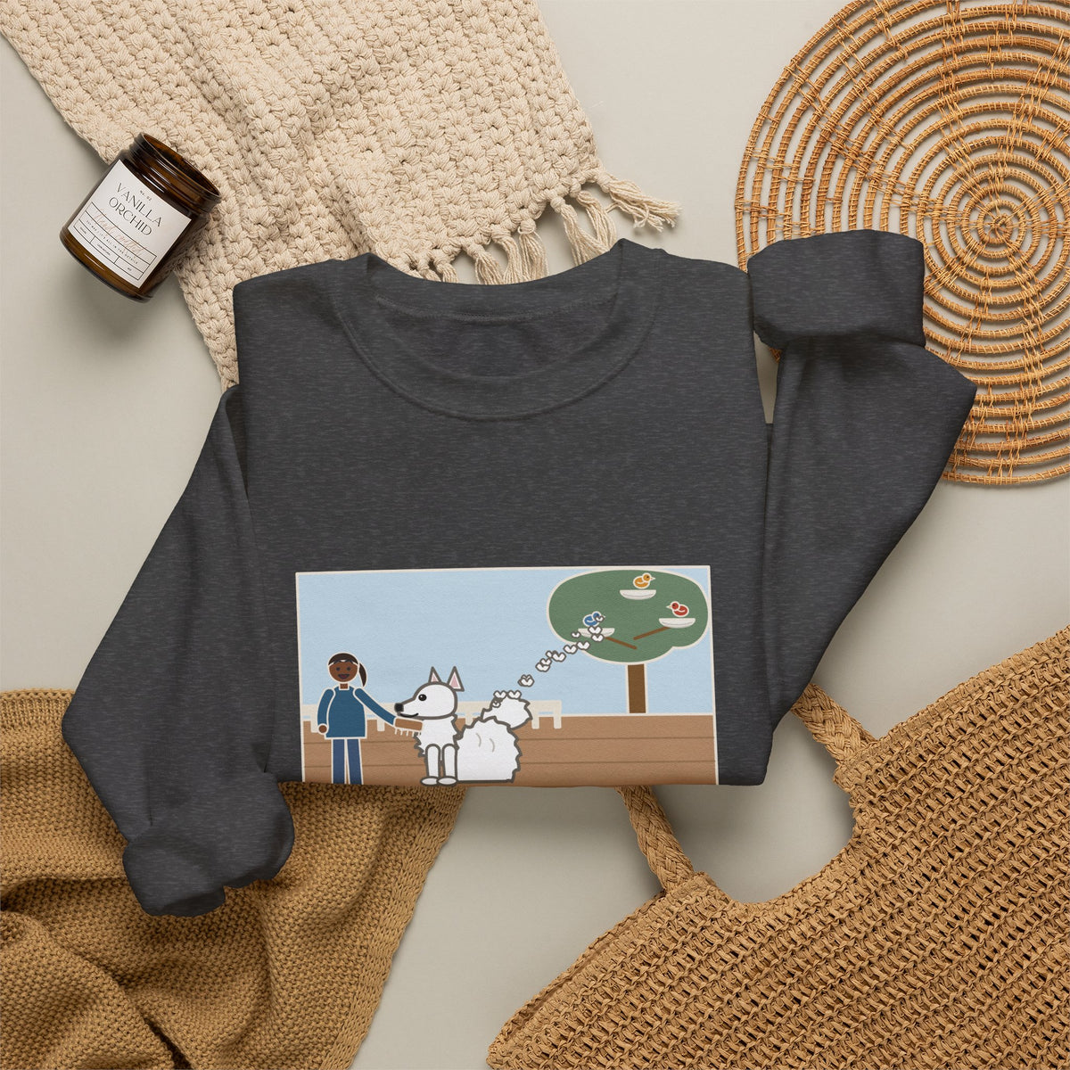 American Eskimo Dog Sweatshirt, Brushed the Eskie on the Porch, The Birds Built Three Nests from It, Funny Porch Brushing Crewneck