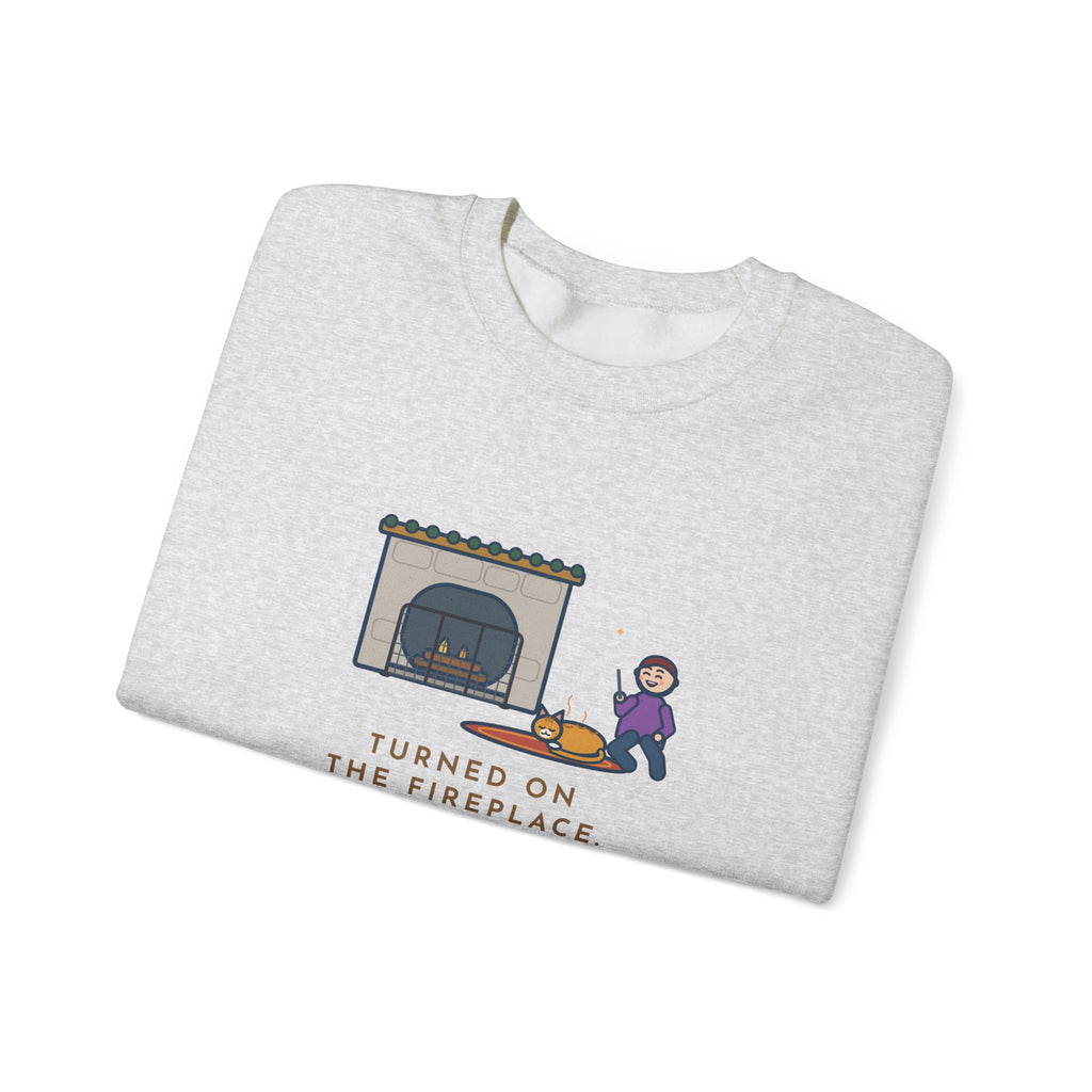 Fireplace Cat Sweatshirt, Turned On the Fireplace, The Cat Claimed the Warm Spot Before the Logs Caught, Funny Hearth Rug Crewneck