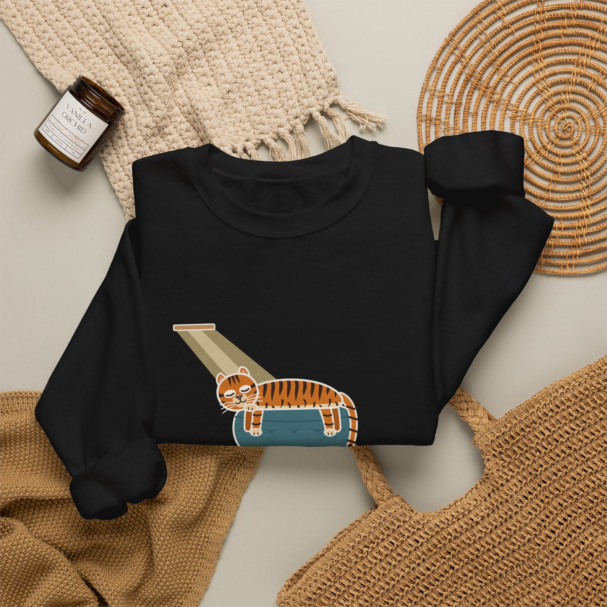 Tiger-Striped Cat Crewneck Sweatshirt - Sprawled on the Ottoman Like a Tiger on a Sun Rock Cat Gift