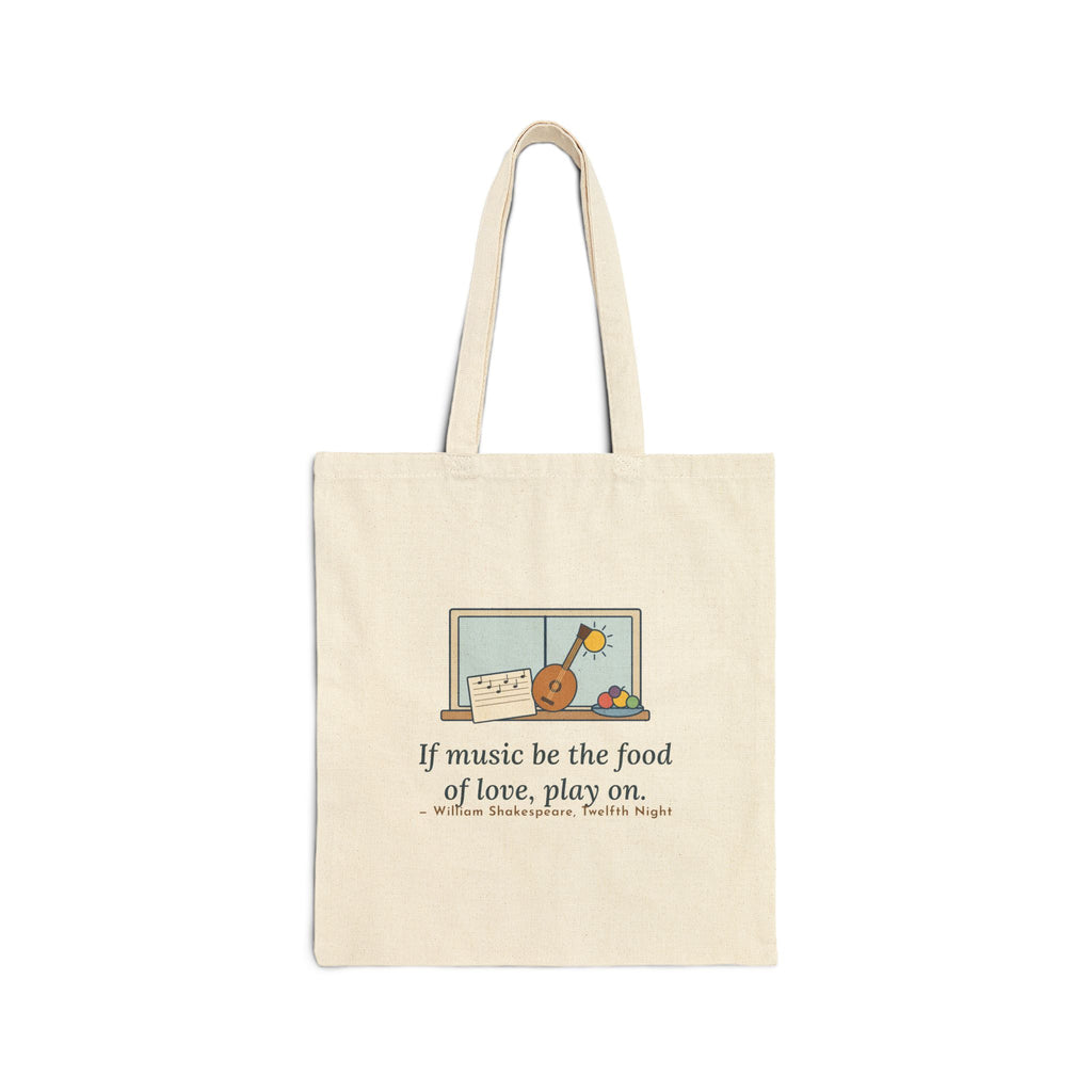 If Music Be the Food of Love, Play On Tote Bag, Music Shakespeare Quote Tote with Lute and Fruit