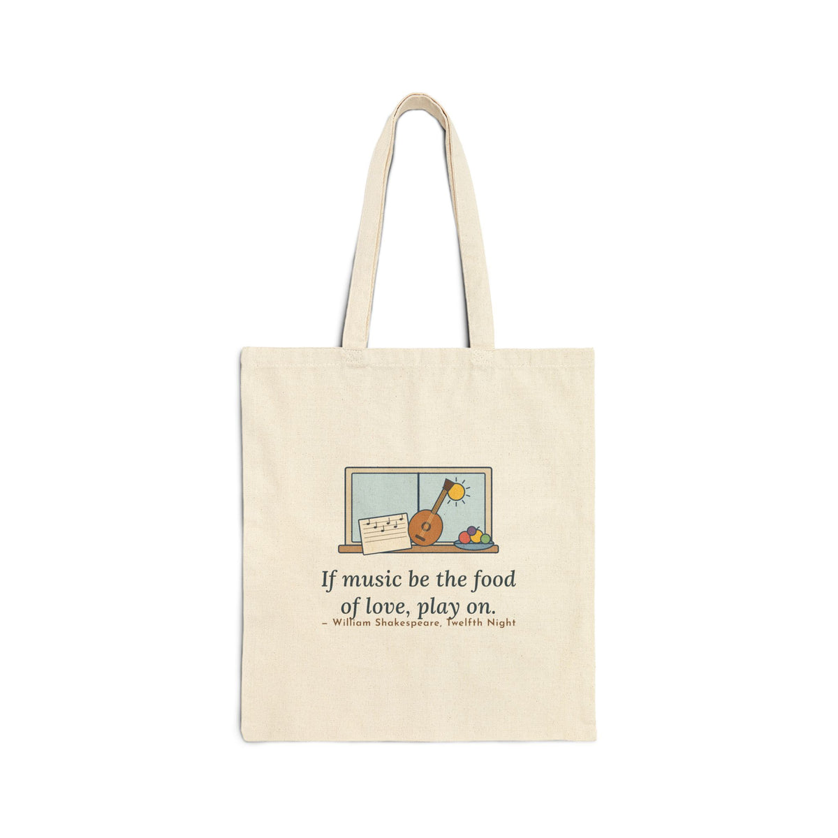 If Music Be the Food of Love, Play On Tote Bag, Music Shakespeare Quote Tote with Lute and Fruit