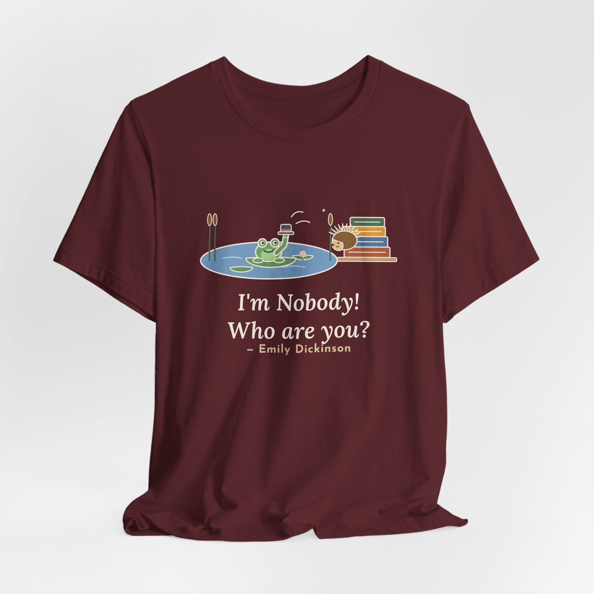 Dickinson Quote T-Shirt, I'm Nobody Poem, Literary Frog and Hedgehog Tee
