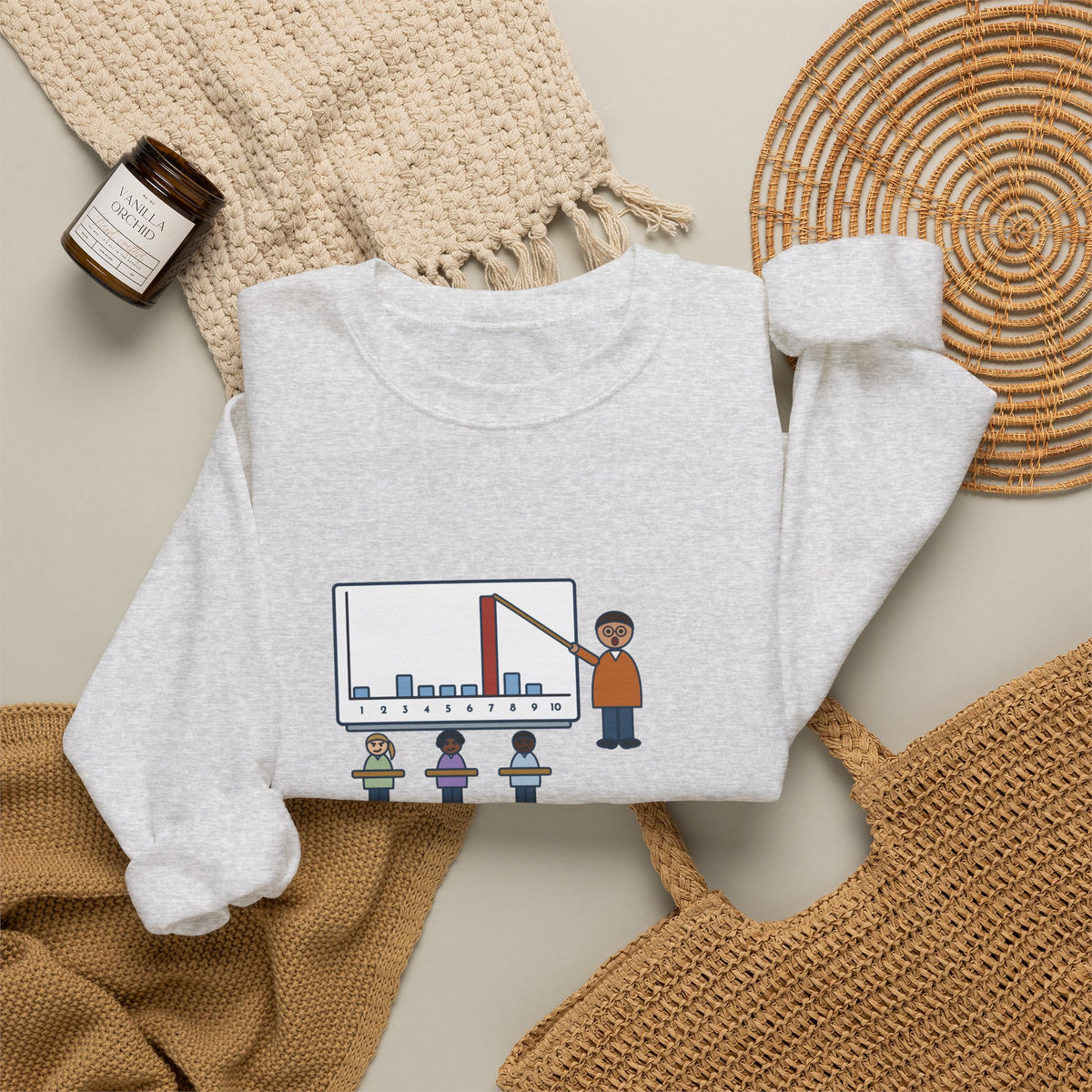 Statistics Teacher Crewneck Sweatshirt - Random Number Bar Chart Spike at Seven
