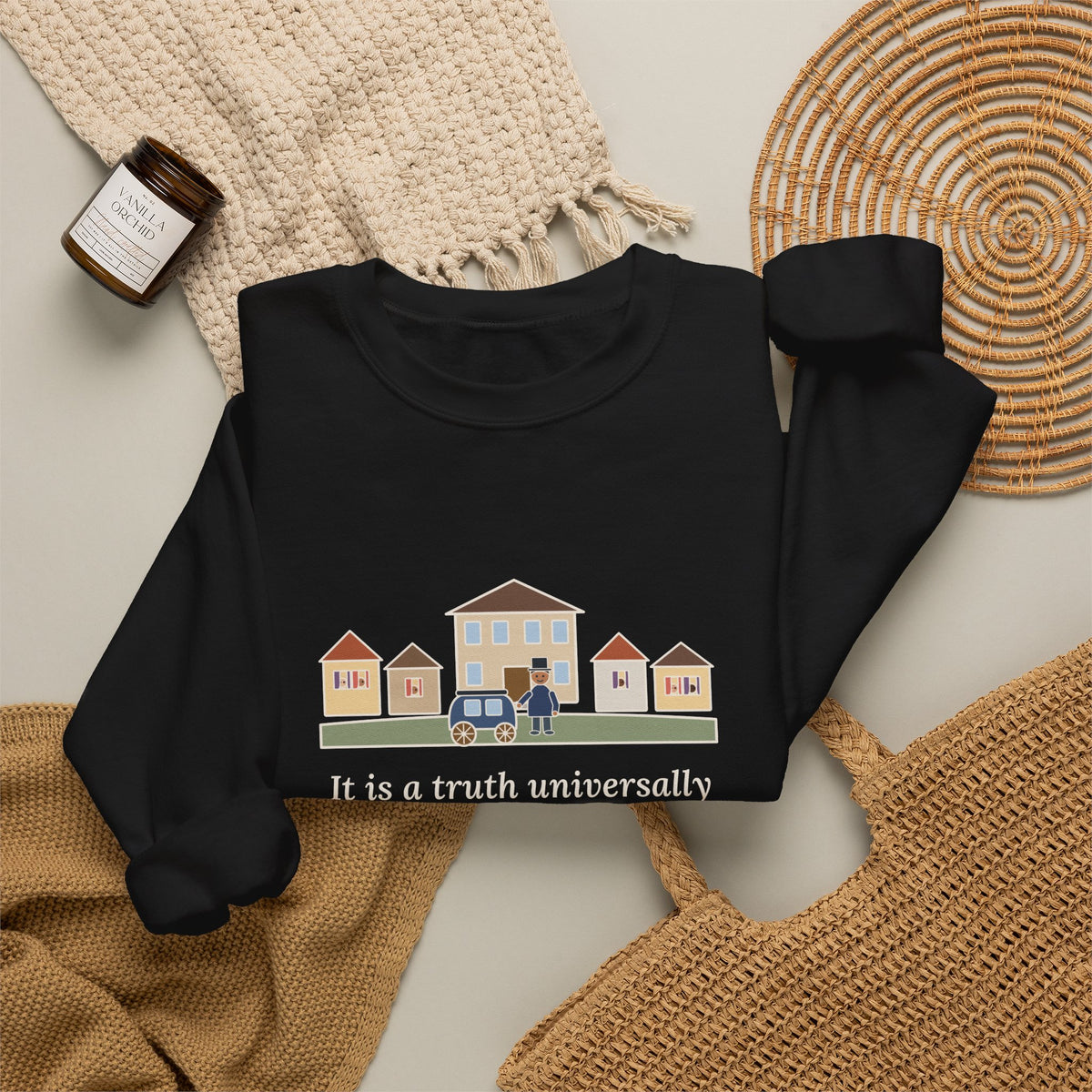 It Is a Truth Universally Acknowledged Sweatshirt, Literary Jane Austen Quote Crewneck with Village Street