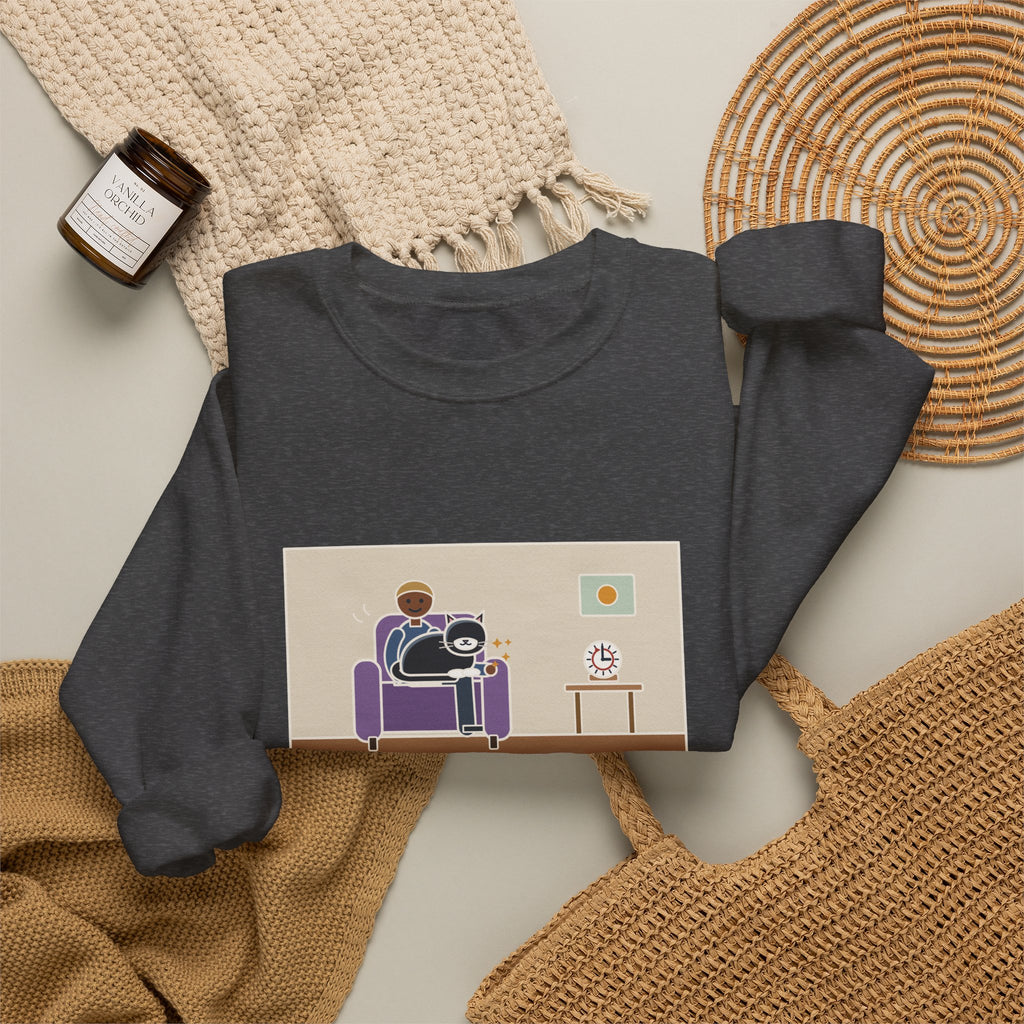 Cat Lap Sweatshirt, His Arm Fell Asleep at Minute Ten, The Cat Stayed Till Minute Sixty, Funny Armchair Hour Crewneck