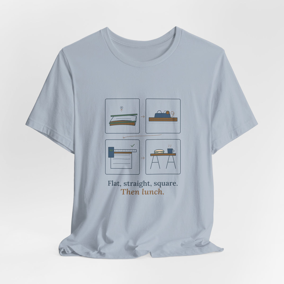 Woodworking T-Shirt - Flat, Straight, Square. Then Lunch. Woodworker Tee