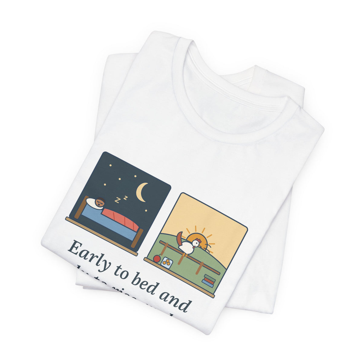 Franklin Wisdom Quote T-Shirt, Early to Bed and Early to Rise, Early Riser Moon and Rooster Tee