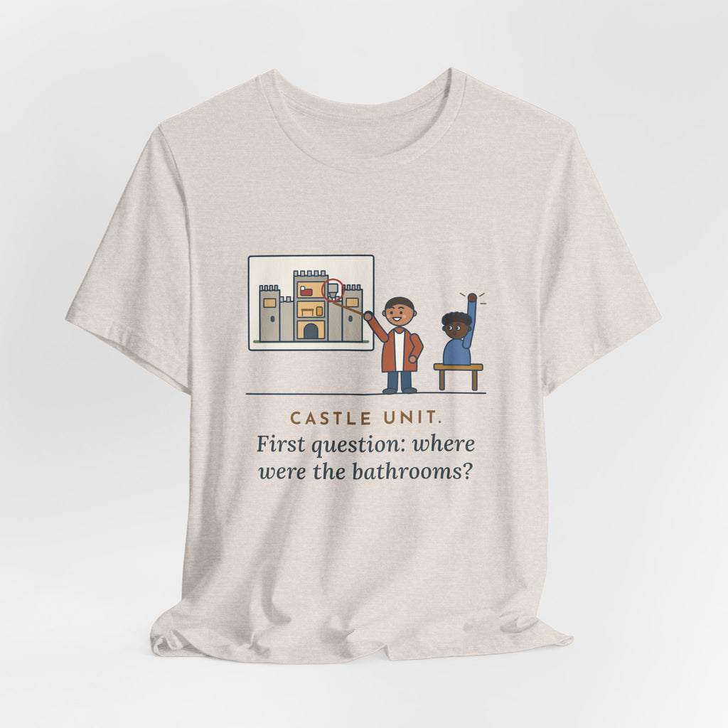 World History Teacher T-Shirt - Castle Unit, First Question: Where Were the Bathrooms