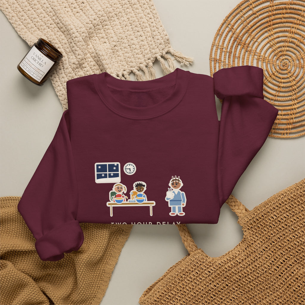 Two-Hour Delay Sweatshirt, Announced at 5:45 a.m., Both Kids Already Dressed and Eating Cereal, Funny Dawn Kitchen Crewneck