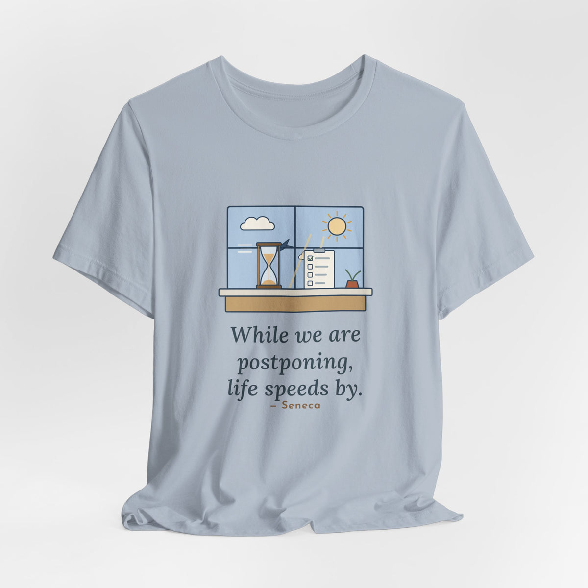Seneca Quote T-Shirt, While We Are Postponing, Life Speeds By, Stoic Swift Past the Window Tee