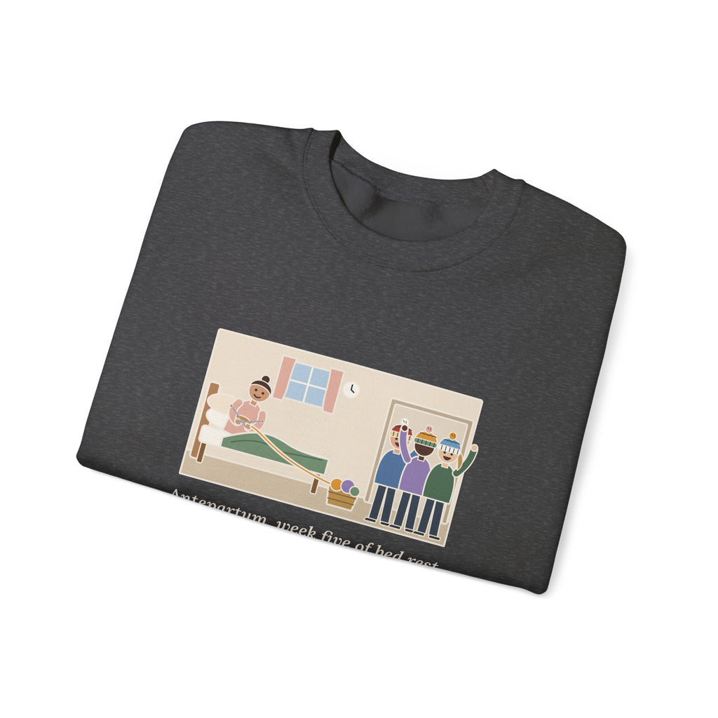 Antepartum Nurse Sweatshirt, Week Five of Bed Rest, She Knitted a Hat for Every Nurse on Day Shift, Funny Knitted Hats Crewneck