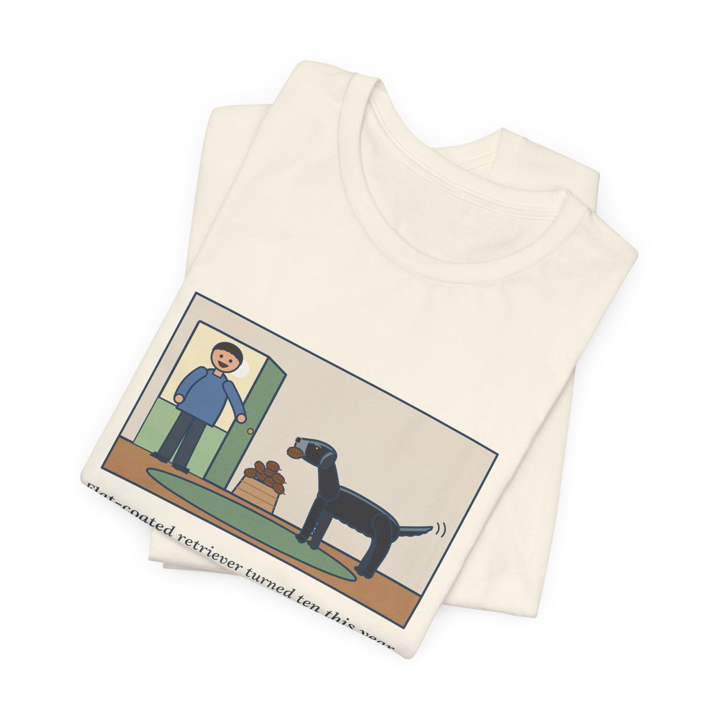 Funny Flat-Coated Retriever T-Shirt, Turned Ten This Year, Still Brings a Pinecone to the Door Every Time, Homecoming Tee