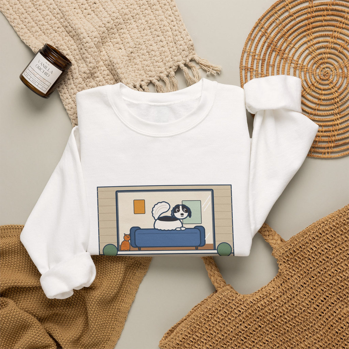 Japanese Chin Sweatshirt, Perched on the Back of the Couch Like a Cat, Watching the Street, Funny Window Lookout Crewneck