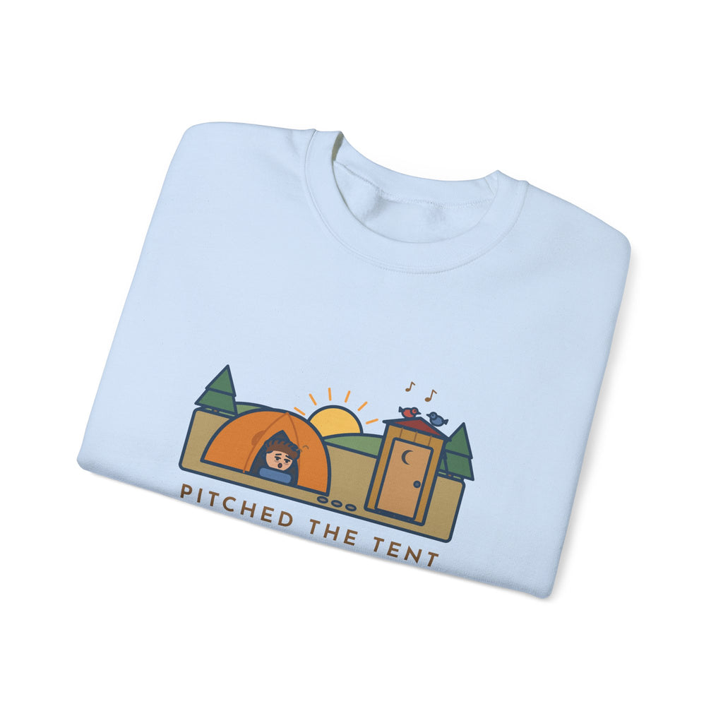 Pitched the Tent in the Dark Sweatshirt, Funny Camping Crewneck with Outhouse View