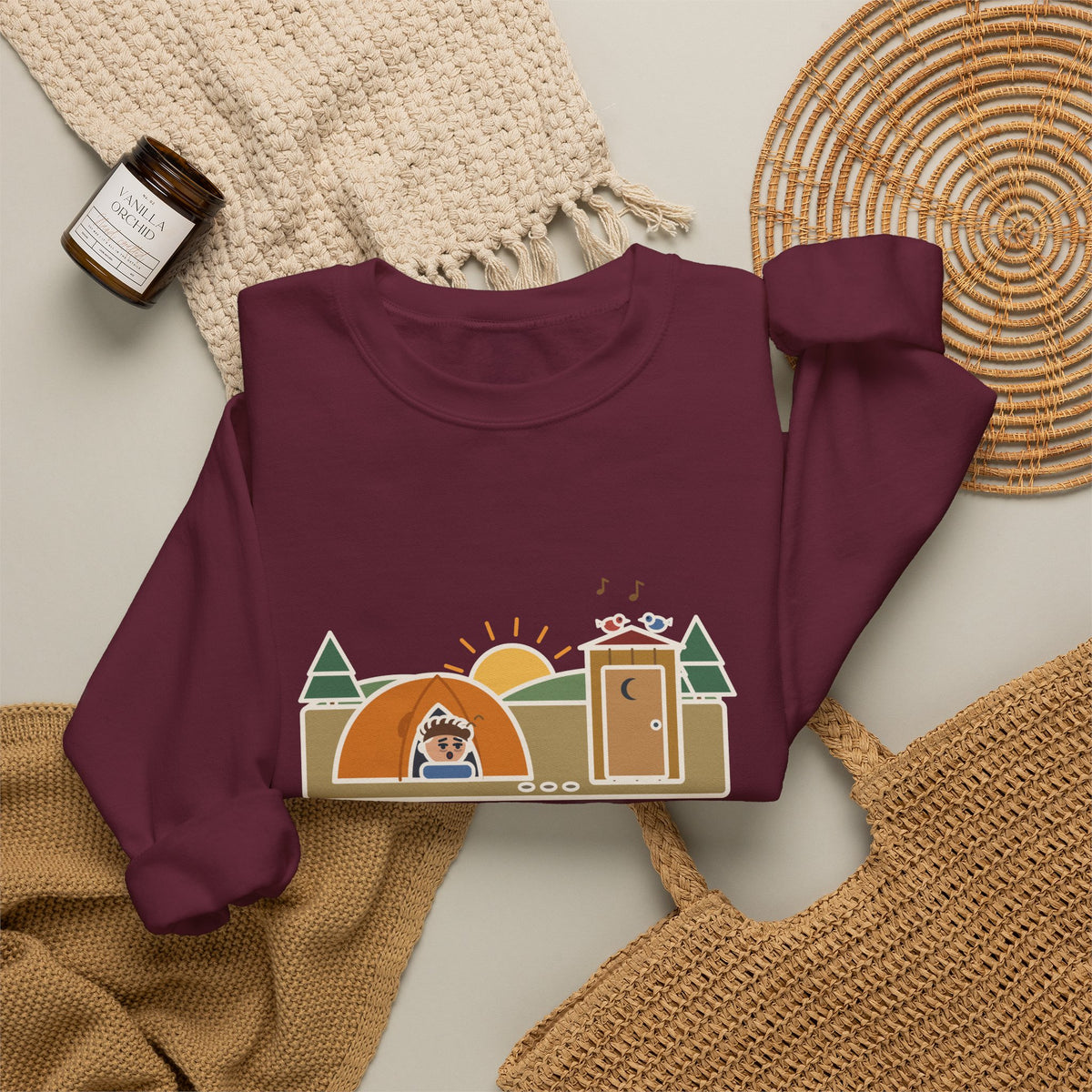 Pitched the Tent in the Dark Sweatshirt, Funny Camping Crewneck with Outhouse View