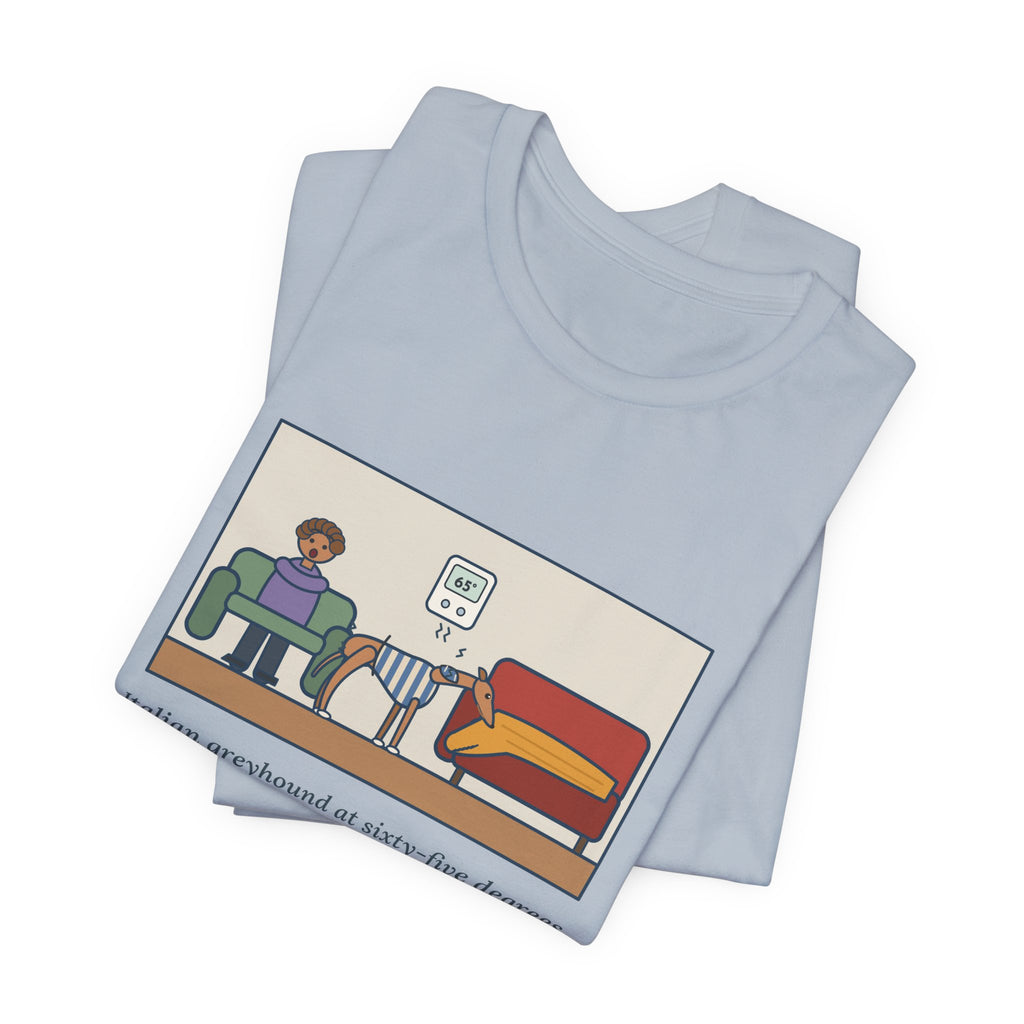 Funny Italian Greyhound T-Shirt, At Sixty-Five Degrees, Wore a Sweater and Asked for the Blanket, Sweater Weather Tee
