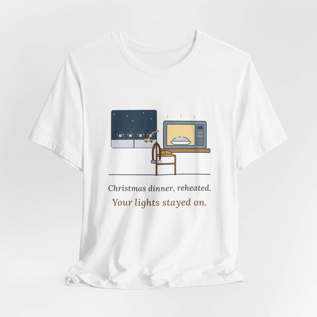 Lineman Christmas T-Shirt - Christmas Dinner, Reheated. Your Lights Stayed On.