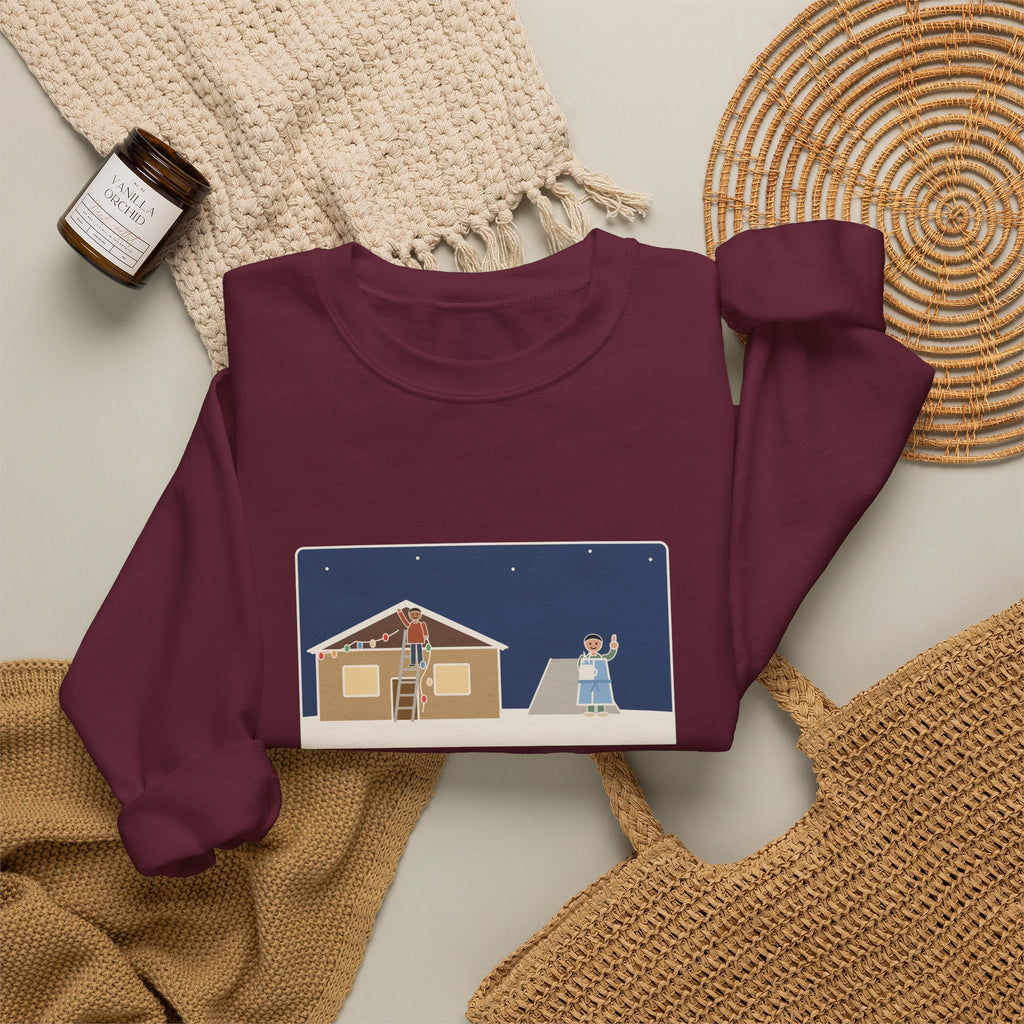 Christmas Lights Sweatshirt, Hung Them on the House, The Neighbor Supervised from His Driveway with Coffee