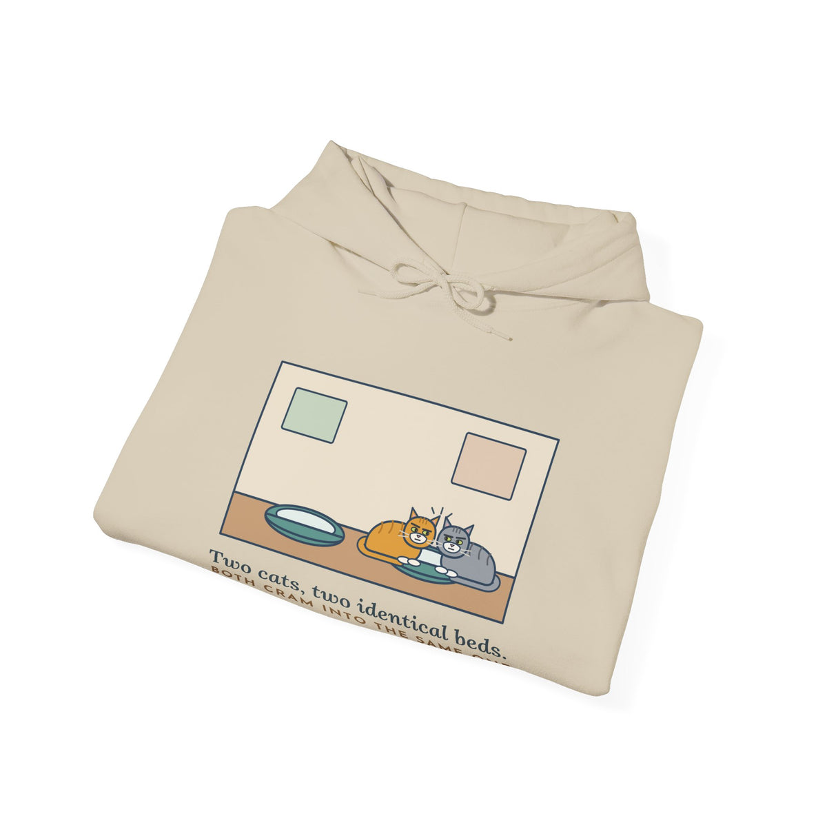 Funny Two Cats Hoodie, Two Identical Beds, Both Cram into the Same One and Glare