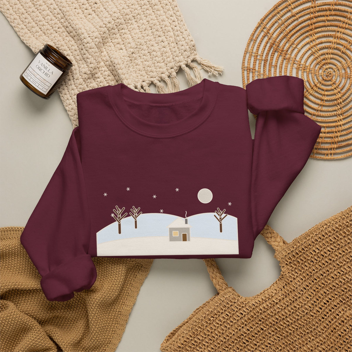 In the Bleak Mid-Winter Sweatshirt, Winter Rossetti Quote Crewneck with Snowy Cottage Hill