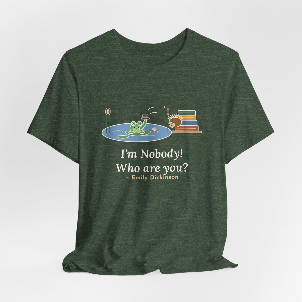 Dickinson Quote T-Shirt, I'm Nobody Poem, Literary Frog and Hedgehog Tee
