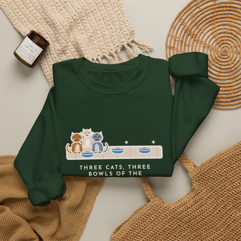 Three Cats Sweatshirt, Three Bowls of the Same Food, Every Cat Wants the One on the Left, Funny Kitchen Floor Crewneck