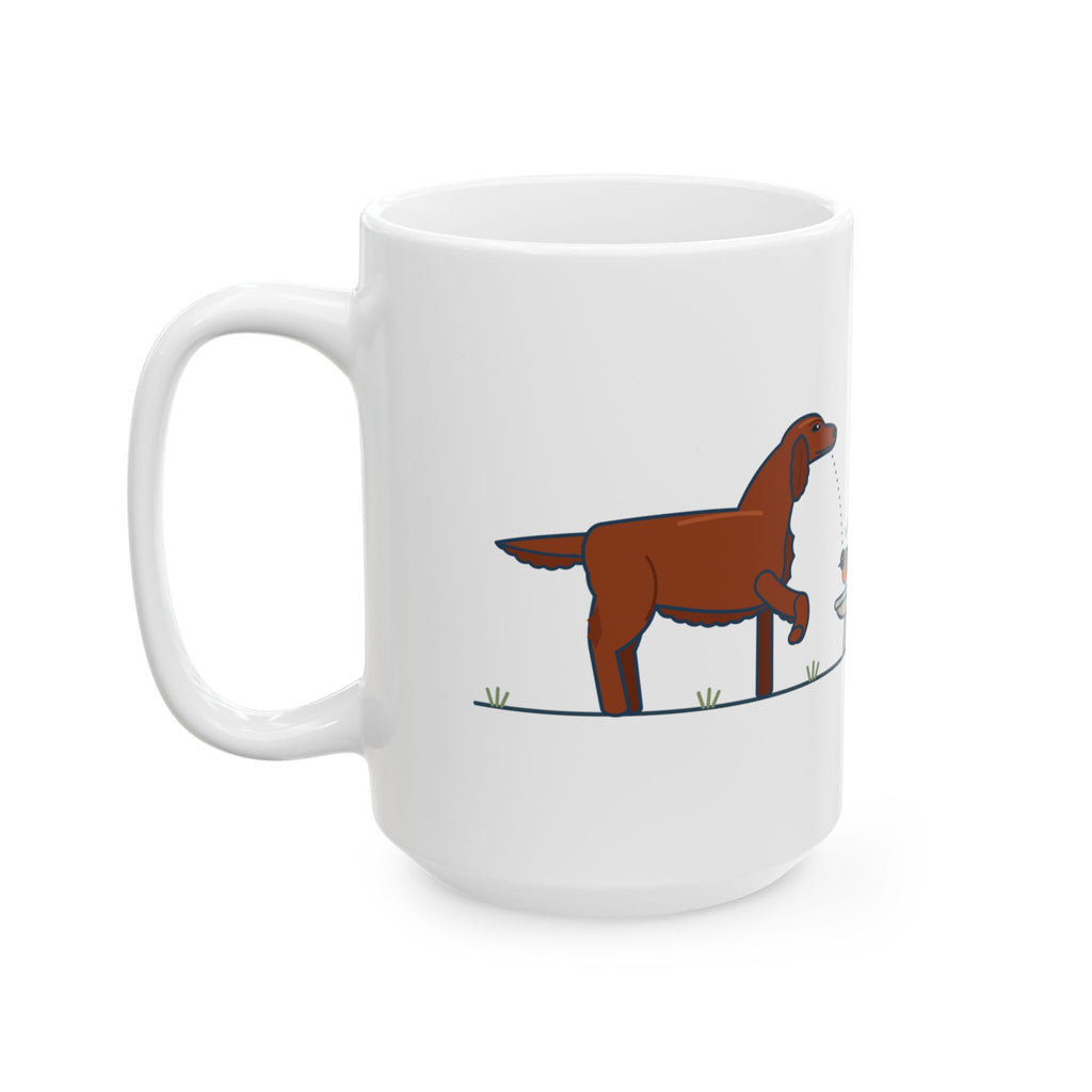 Large 15oz Irish Setter Mug - Frozen Mid-Stride Watching a Robin at the Birdbath