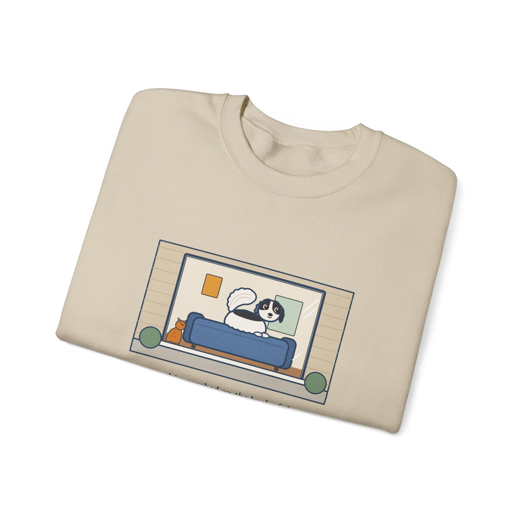 Japanese Chin Sweatshirt, Perched on the Back of the Couch Like a Cat, Watching the Street, Funny Window Lookout Crewneck