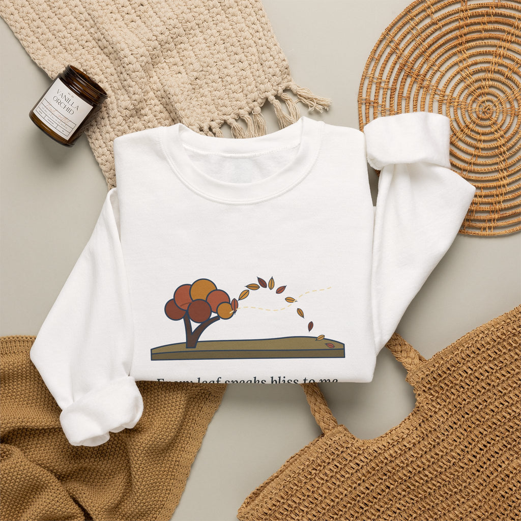 Every Leaf Speaks Bliss to Me Sweatshirt, Autumn Emily Brontë Quote Crewneck with Windswept Moor Tree