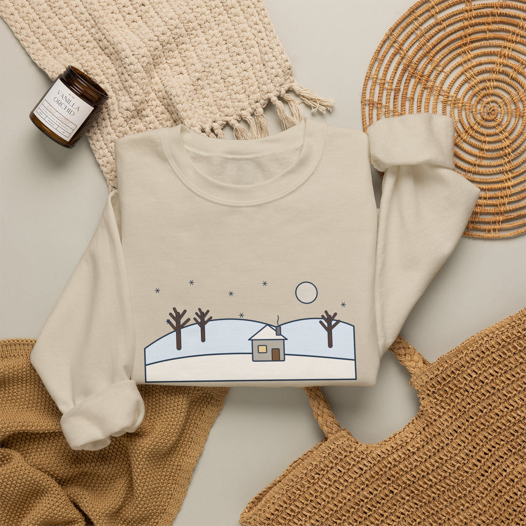 In the Bleak Mid-Winter Sweatshirt, Winter Rossetti Quote Crewneck with Snowy Cottage Hill