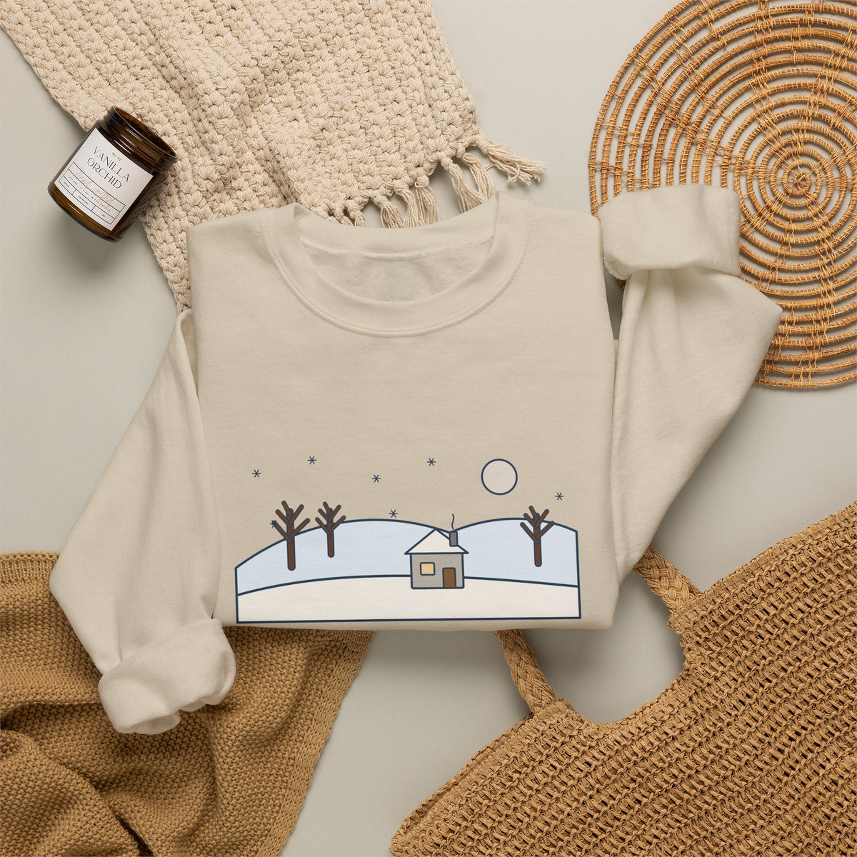 In the Bleak Mid-Winter Sweatshirt, Winter Rossetti Quote Crewneck with Snowy Cottage Hill