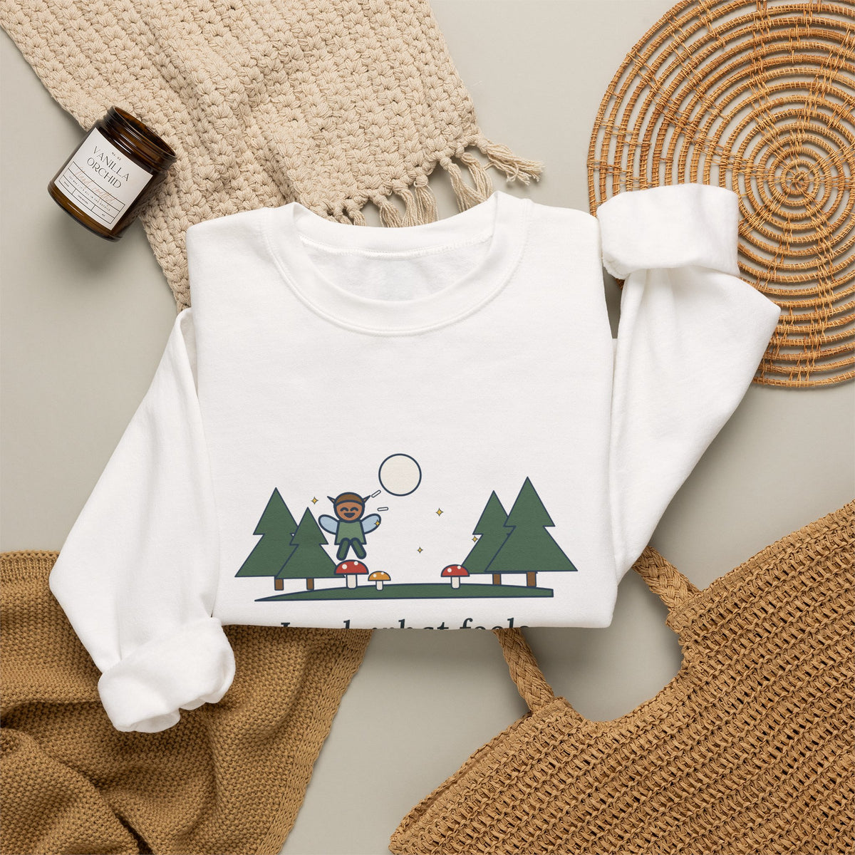 Lord, What Fools These Mortals Be Sweatshirt, Whimsical Shakespeare Humor Quote Crewneck with Mushroom Sprite