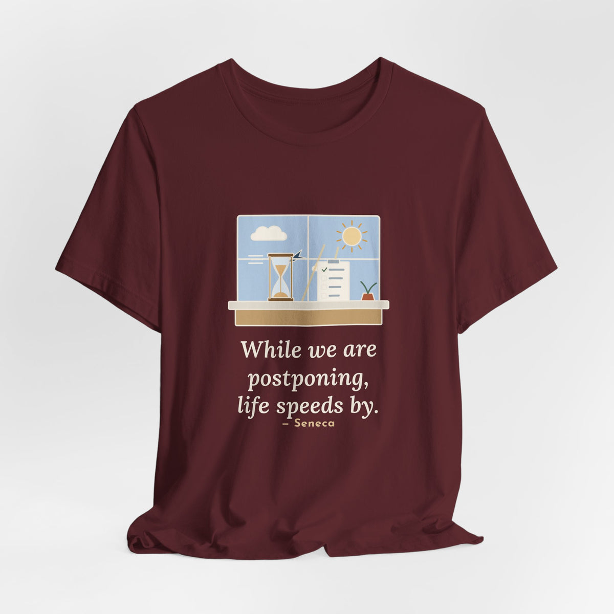 Seneca Quote T-Shirt, While We Are Postponing, Life Speeds By, Stoic Swift Past the Window Tee