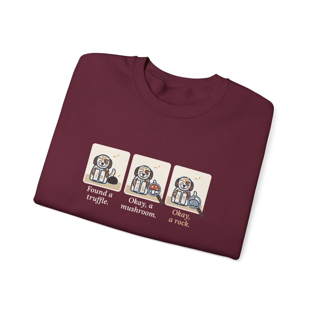 Lagotto Romagnolo Crewneck Sweatshirt - Truffle, Mushroom, Rock Three-Panel Dog Comic