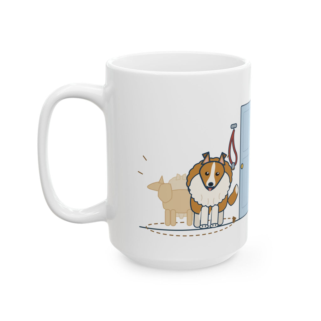 Large 15oz Sheltie Mug - Spins Three Times Before Every Walk