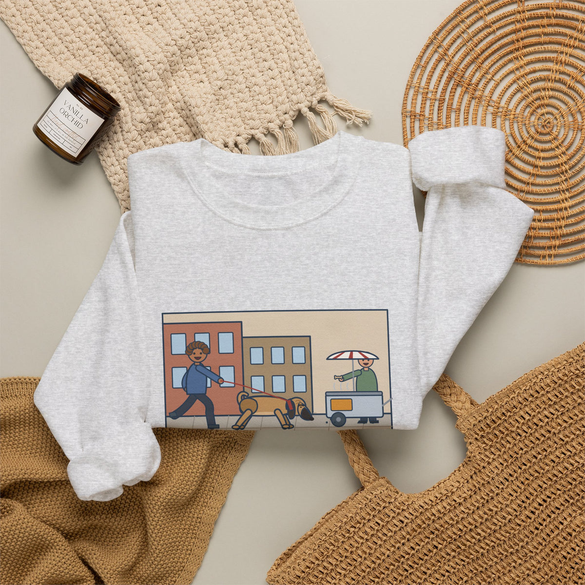 Puggle Sweatshirt, Caught a Scent on the Walk, We Followed It Four Blocks to a Hot Dog Cart, Funny City Walk Crewneck
